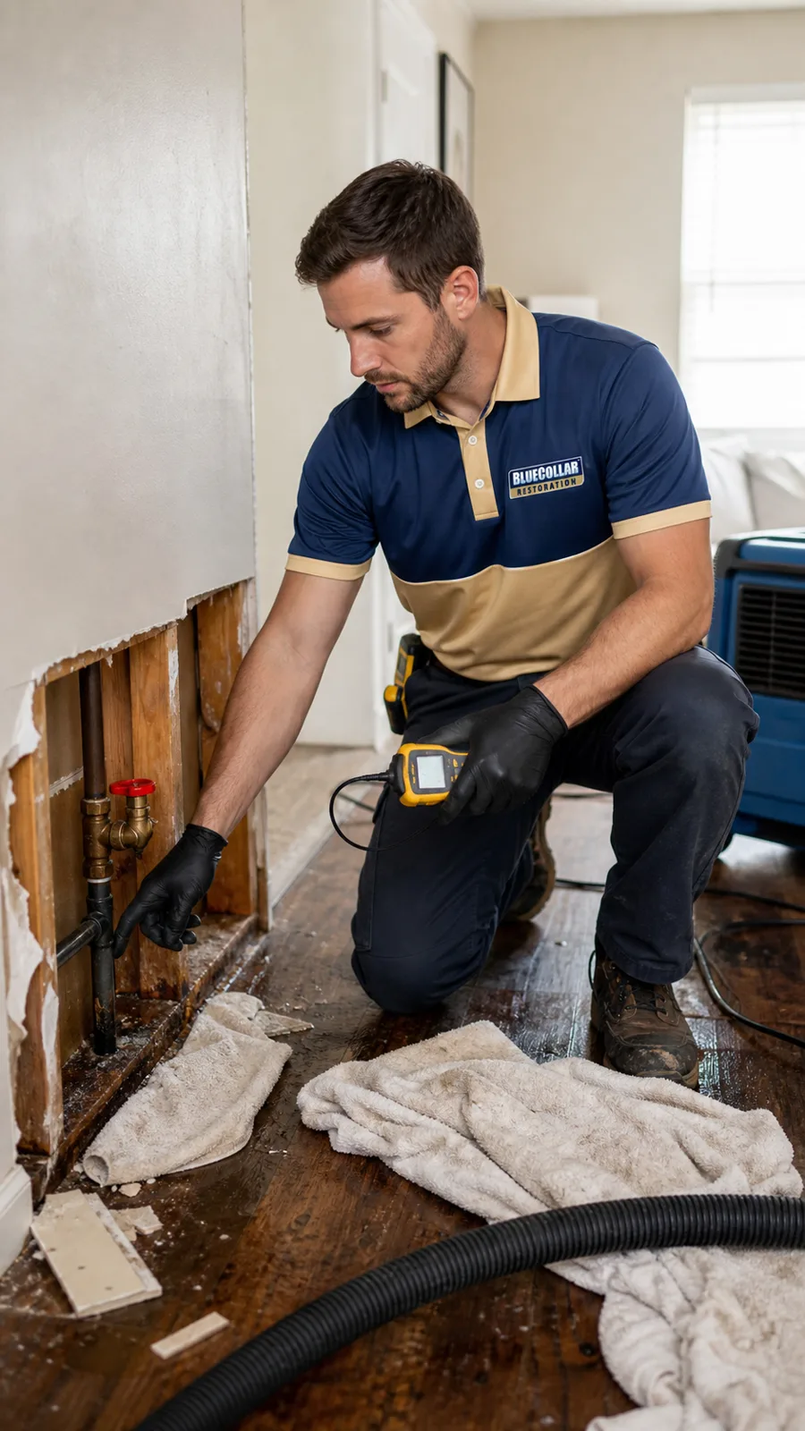 Blue Collar technician checking moisture near pipe-related wall damage with drying equipment nearby.