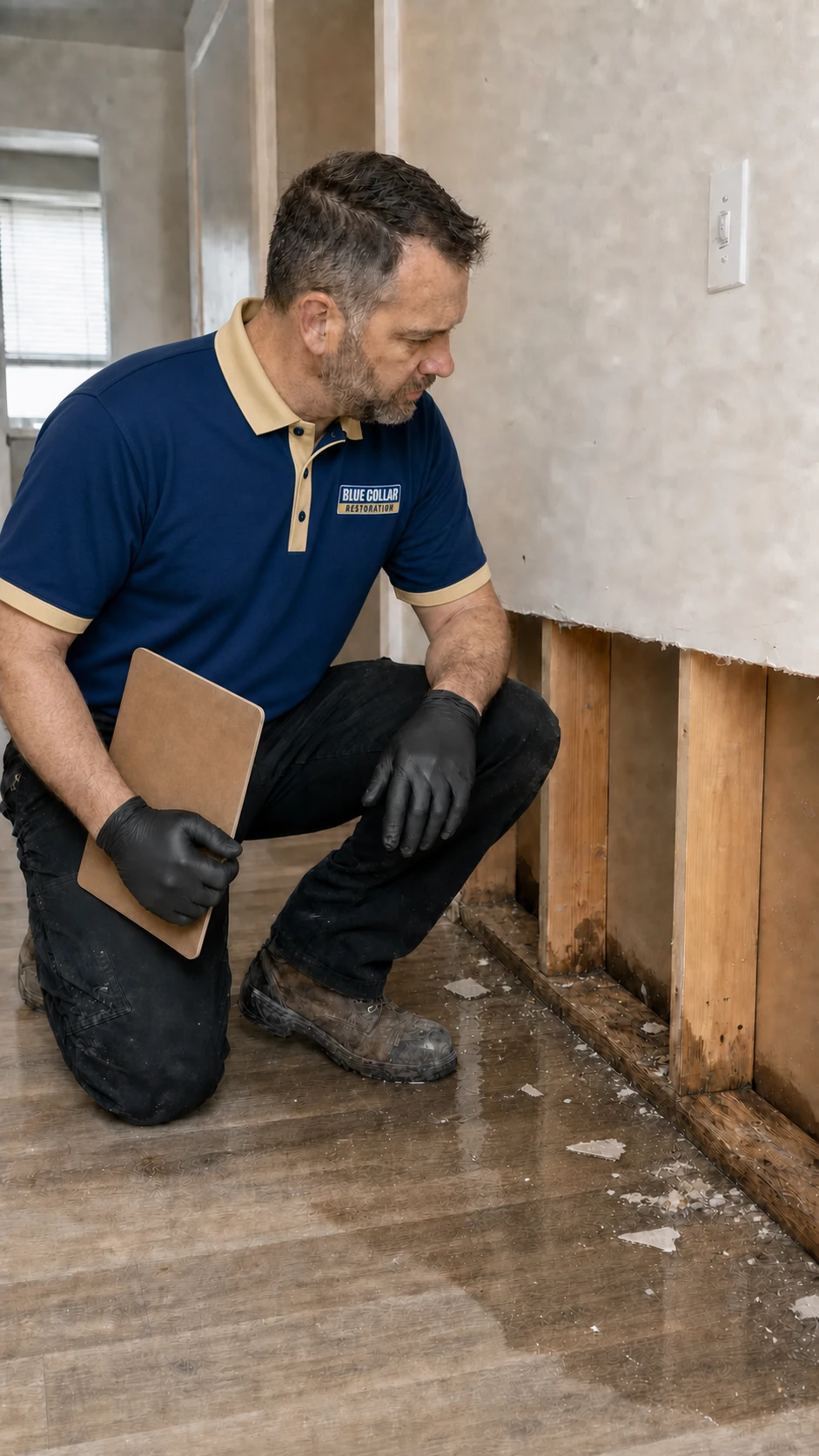 Blue Collar technician inspecting exposed wall framing after burst pipe water damage.