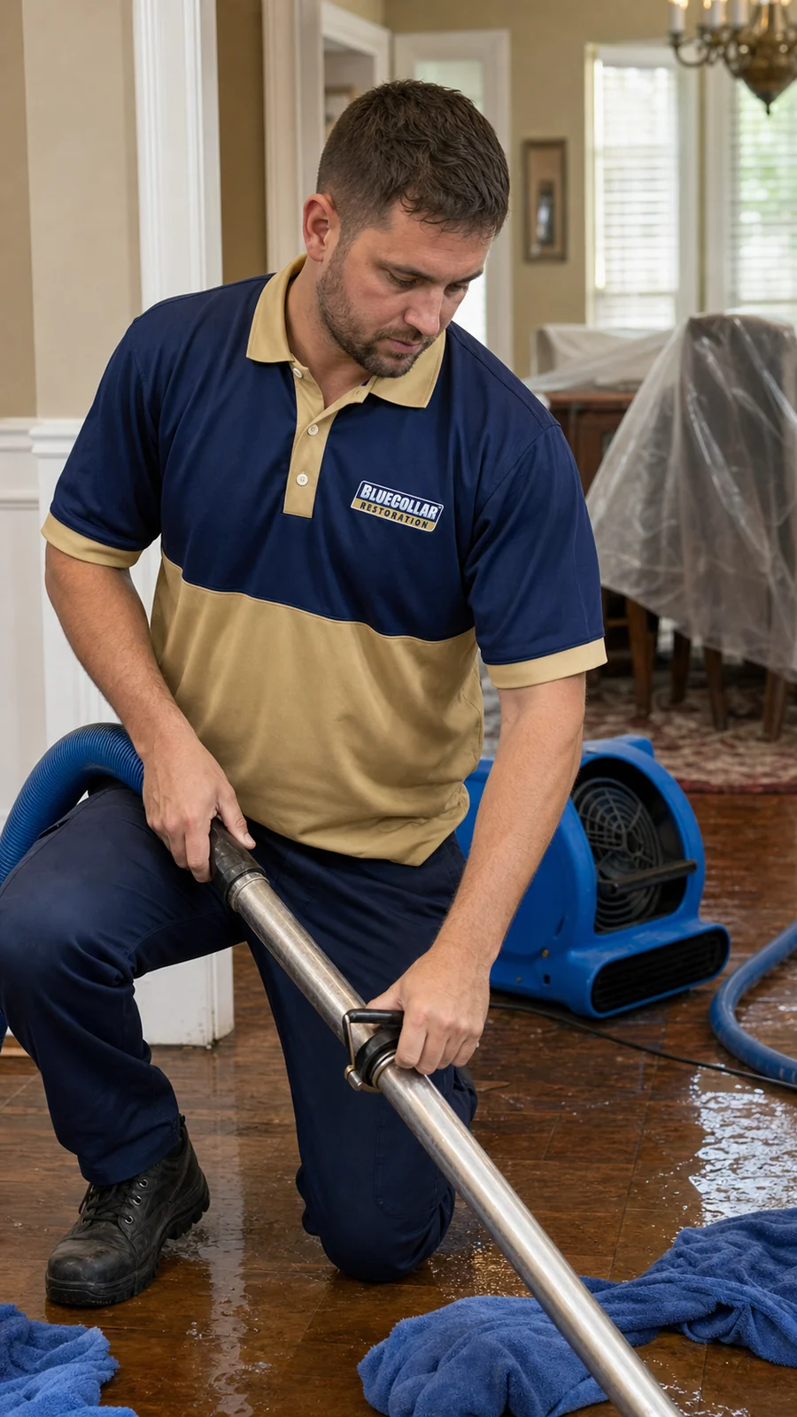 Blue Collar technician using an extraction wand for emergency water removal in a home.