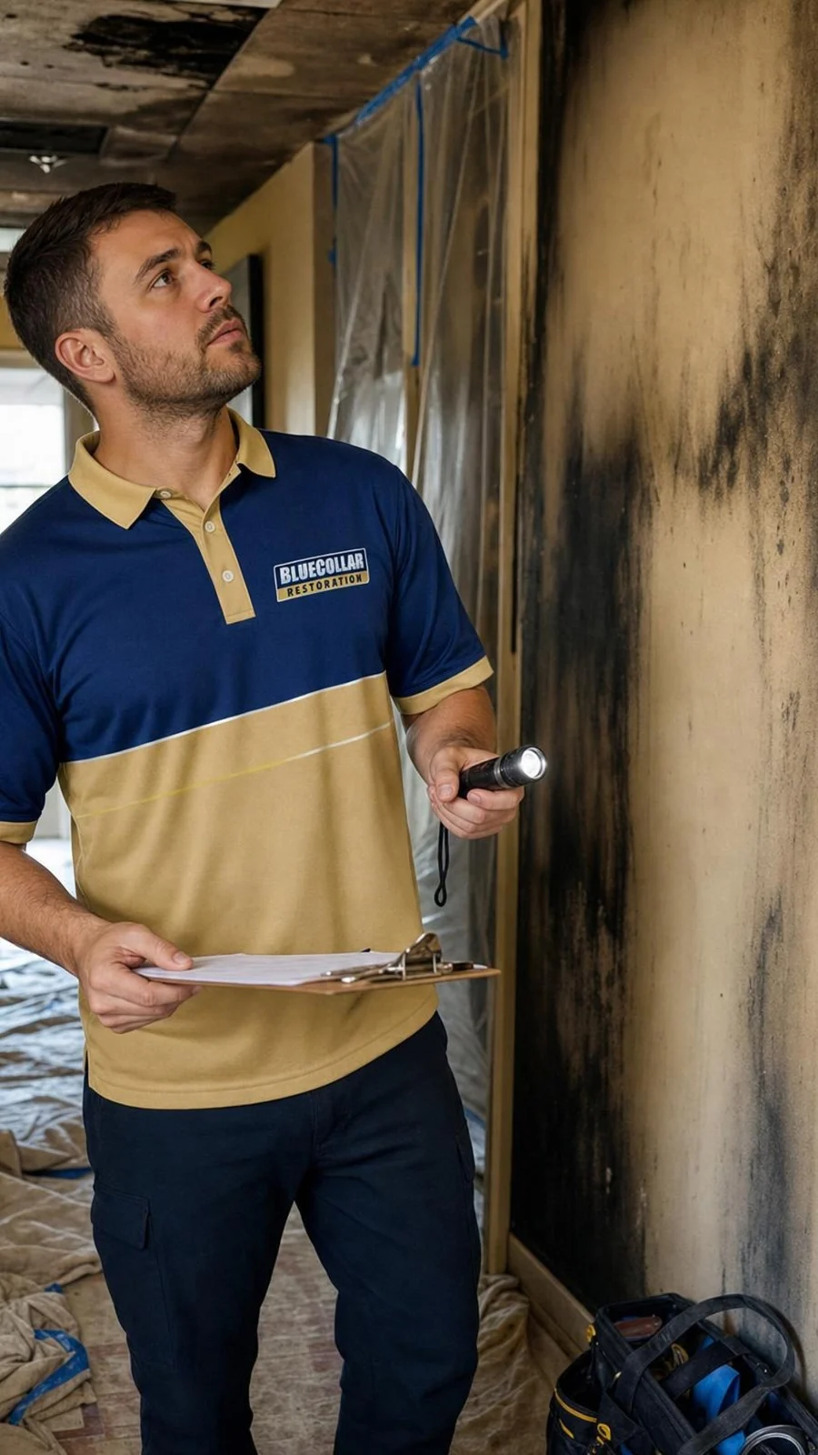 Blue Collar technician explaining light soot cleanup to a homeowner after fire damage.