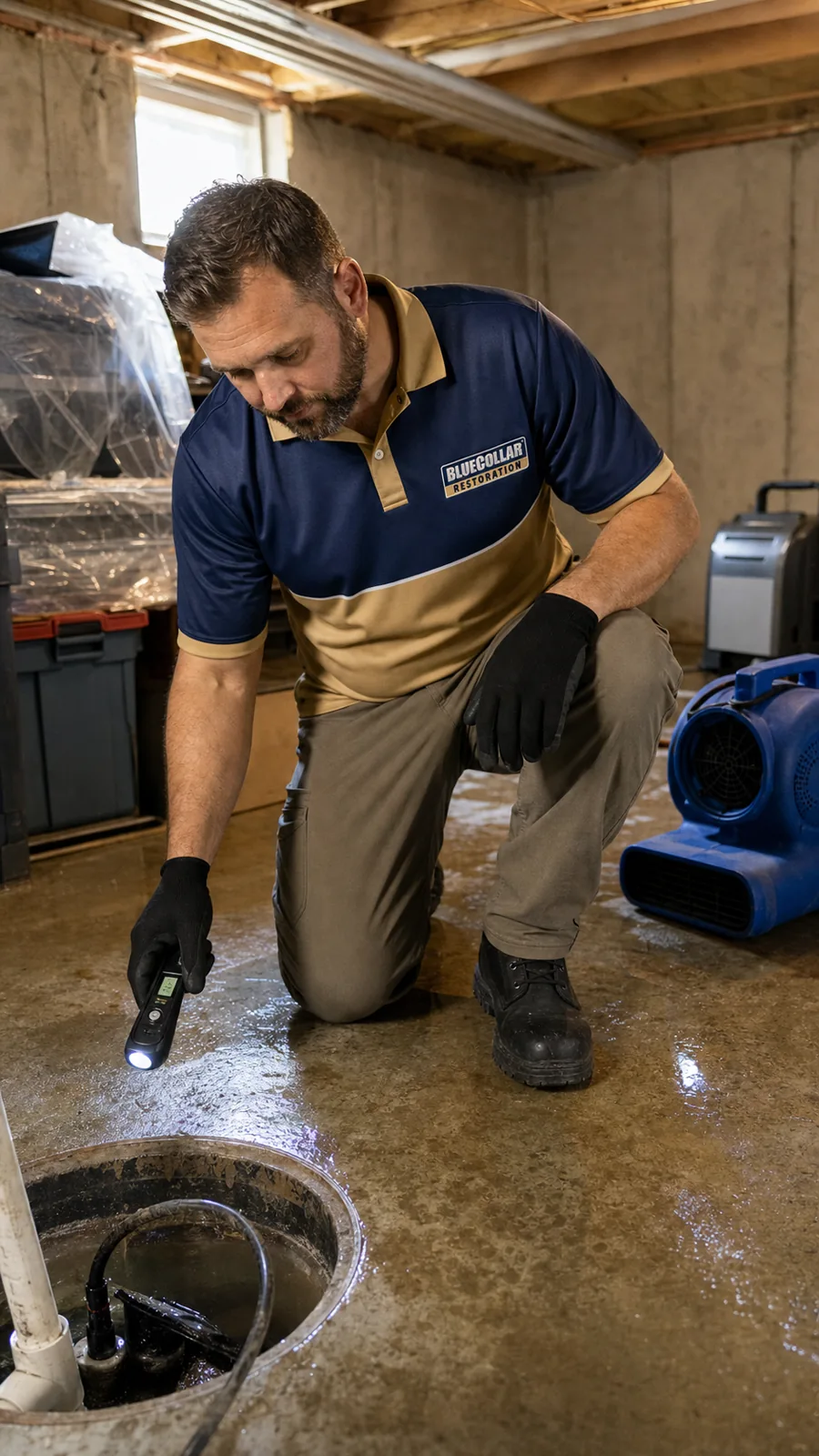 Blue Collar technician setting extraction equipment and air movers for flooded basement cleanup.