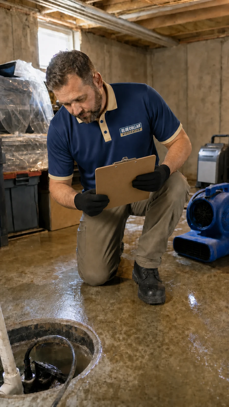 Blue Collar technician setting extraction equipment and air movers for flooded basement cleanup.