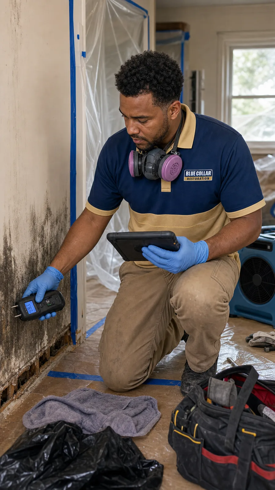 Blue Collar technician using a moisture meter near a small mold concern in a laundry room.