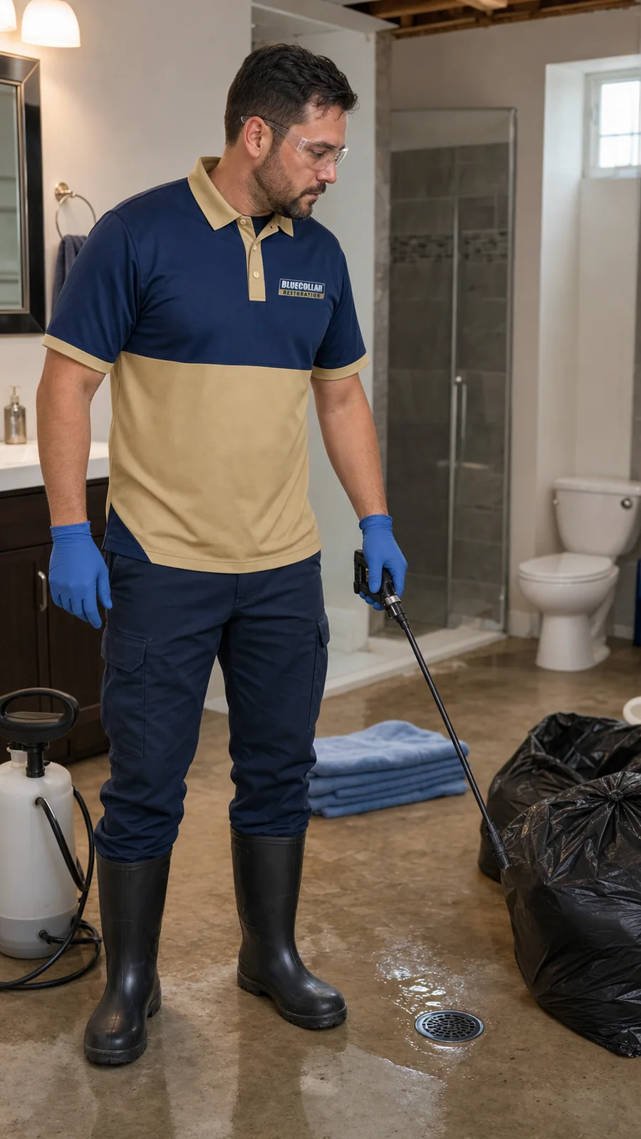 Restoration technician using protective equipment during a non-graphic sewage backup cleanup.