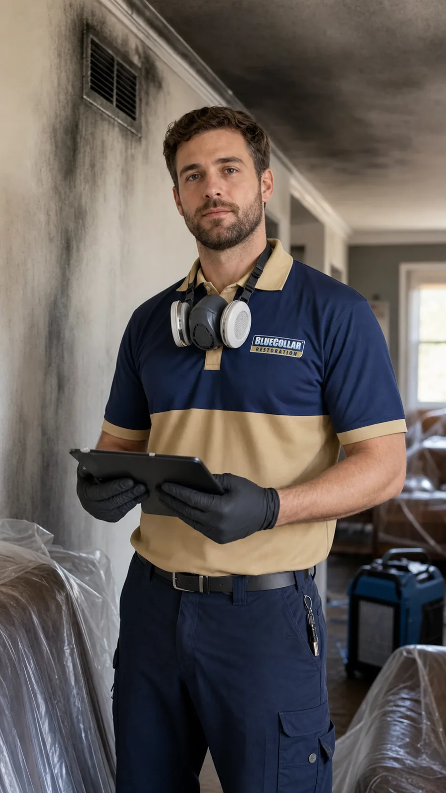 Blue Collar technician cleaning light soot residue near an interior vent after smoke exposure.
