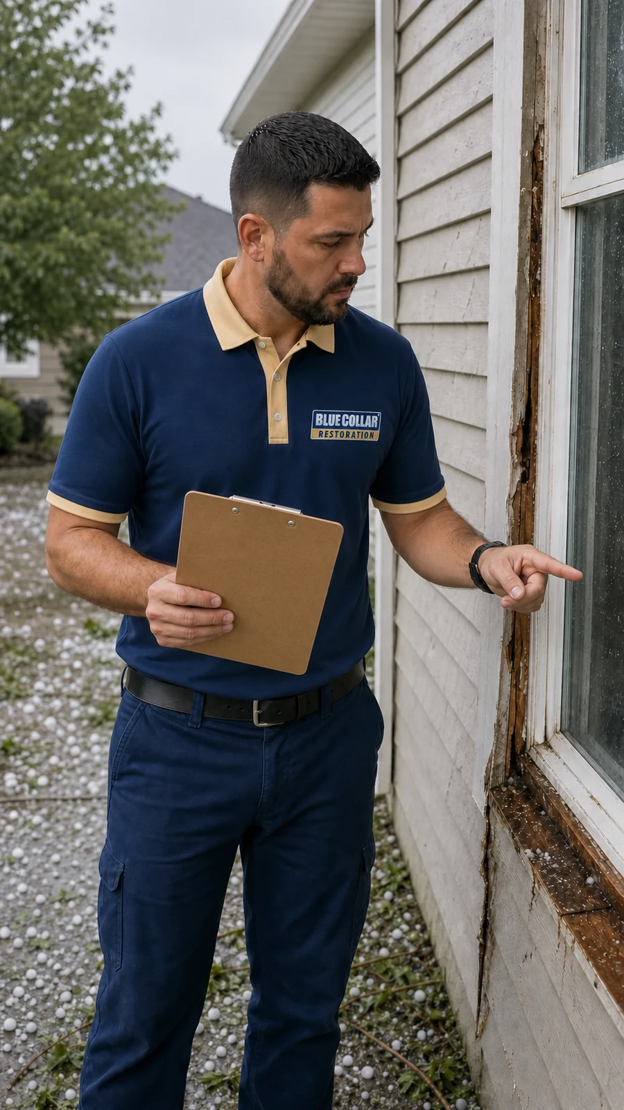 Blue Collar technician using a moisture meter to inspect rain intrusion after a storm.