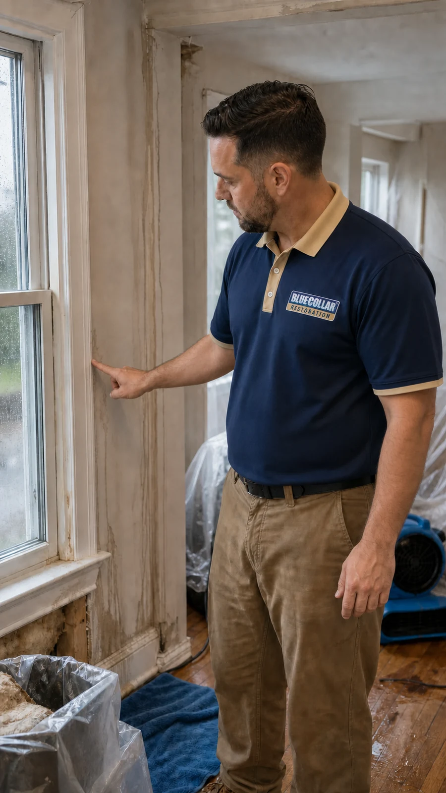 Blue Collar technician using a moisture meter near storm water damage and drying equipment.