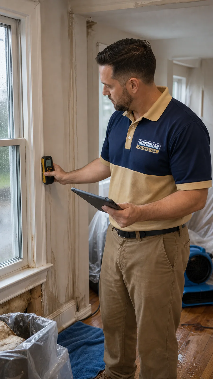Blue Collar technician using a moisture meter near storm water damage and drying equipment.