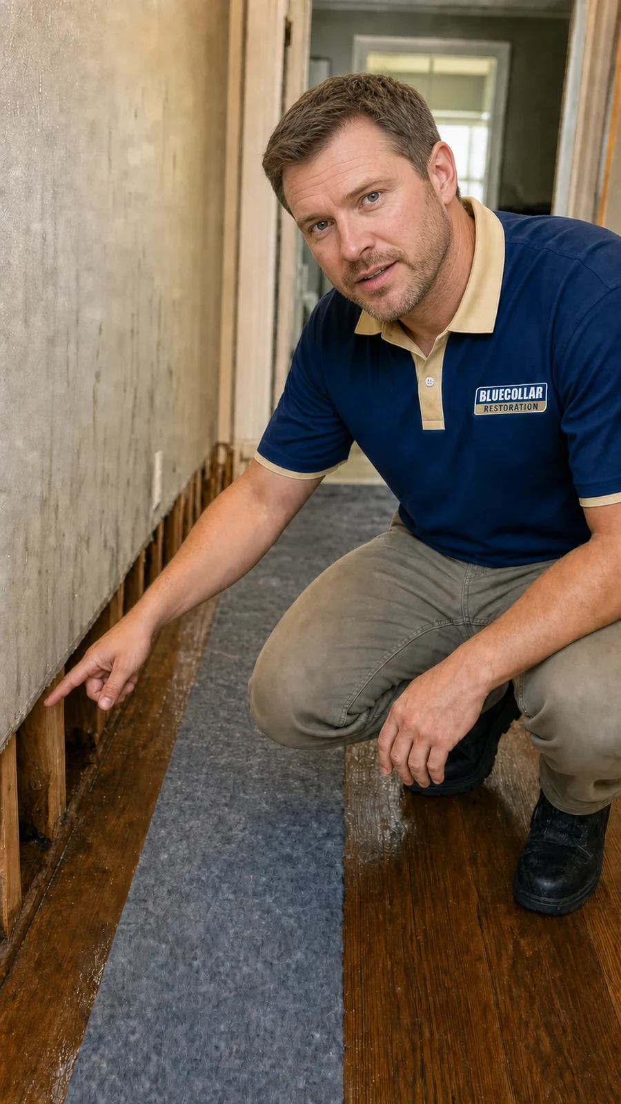 Blue Collar technician using water extraction equipment on damp flooring in a Colorado Springs home.