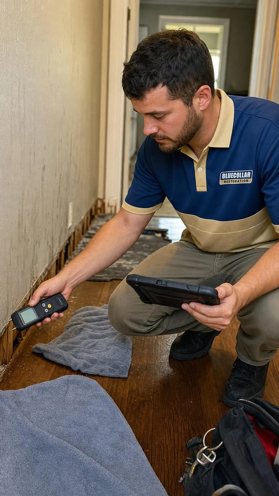 Blue Collar technician using water extraction equipment on damp flooring in a Colorado Springs home.