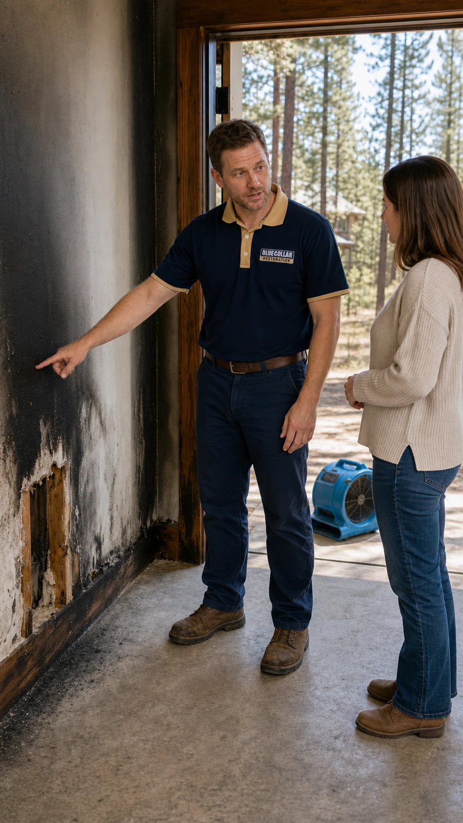 Blue Collar restoration technician pointing out smoke and fire damage in a Black Forest home.