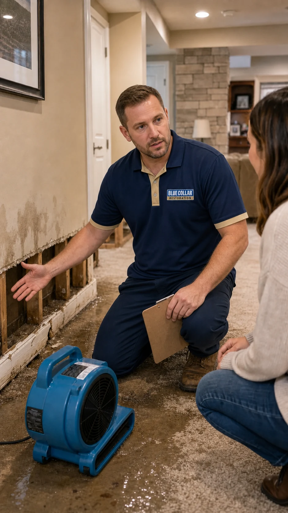 Blue Collar restoration technician holding a lowered clipboard while explaining finished-basement water damage in Briargate.
