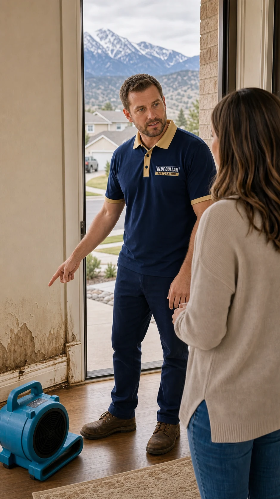 Blue Collar restoration technician pointing out lower-wall water damage to a Colorado Springs homeowner.