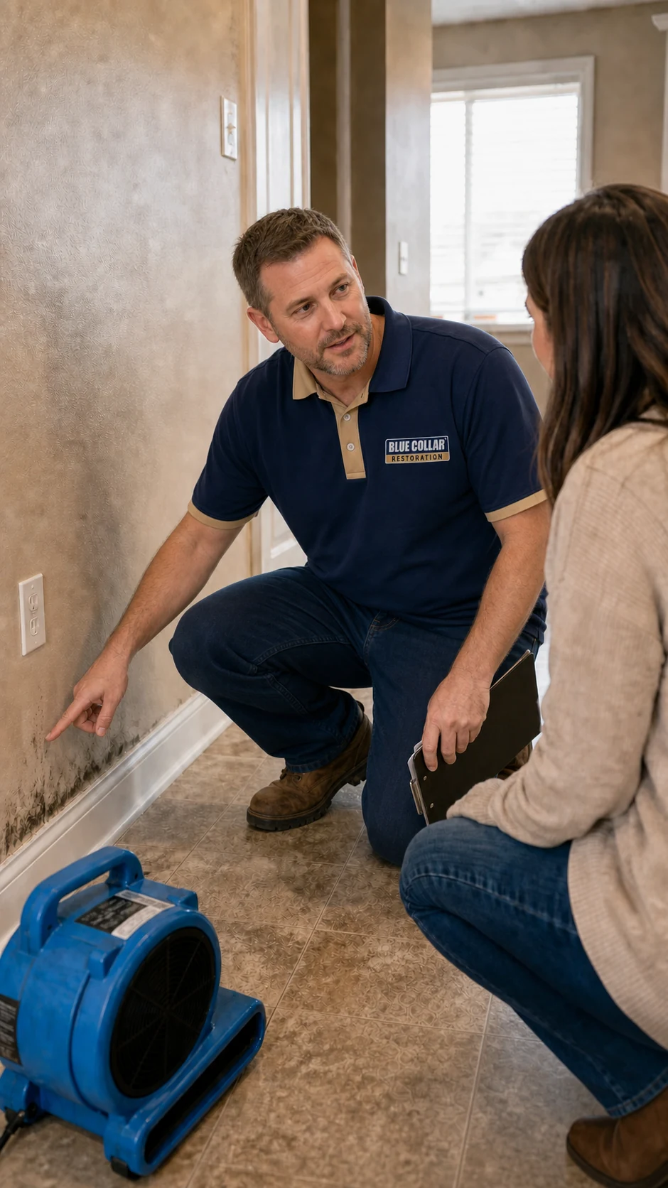 Blue Collar restoration technician holding a lowered clipboard and pointing out water-damaged drywall in a Fountain home.