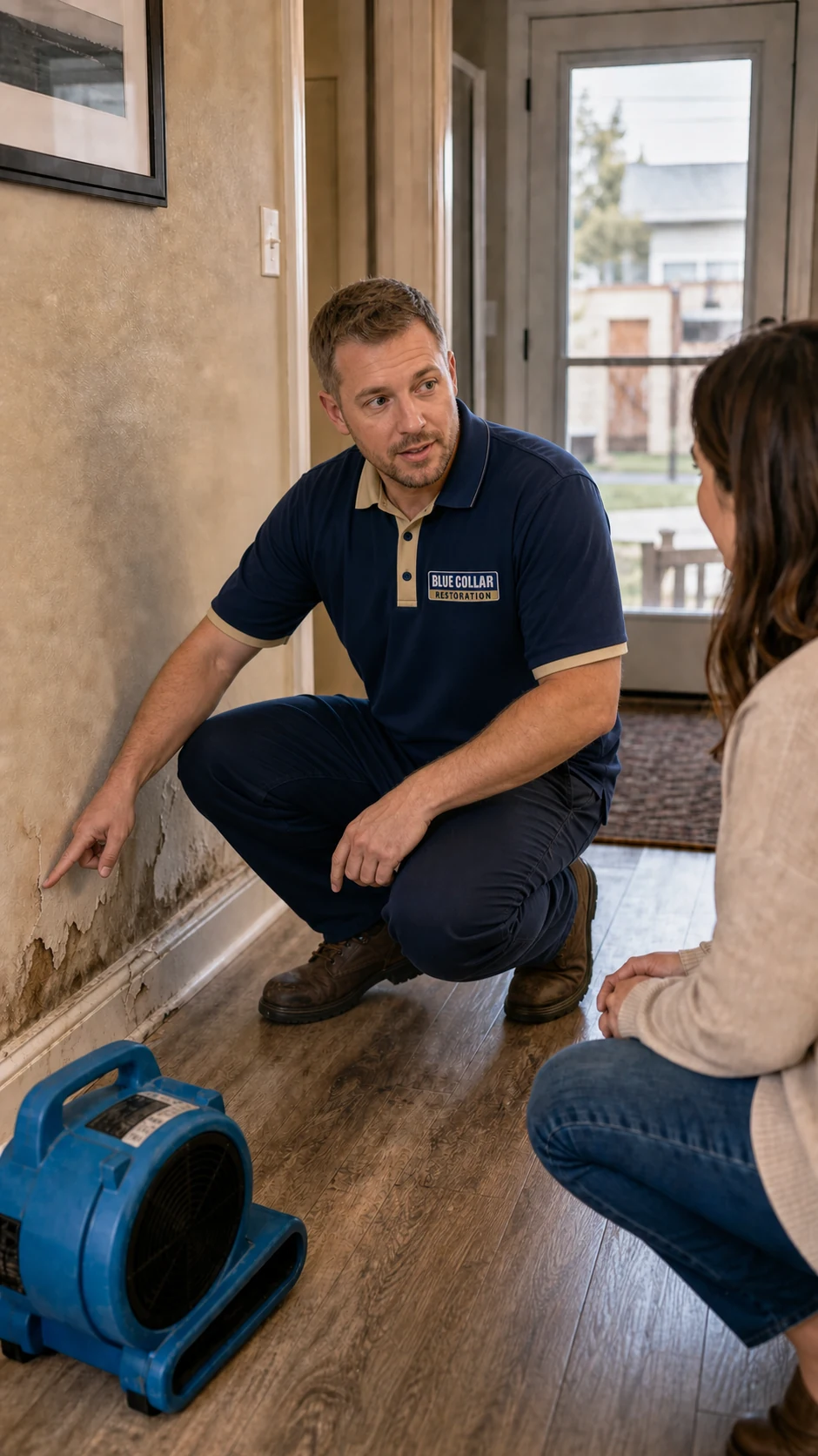 Blue Collar restoration technician pointing out damaged drywall and baseboard in a Security-Widefield home.