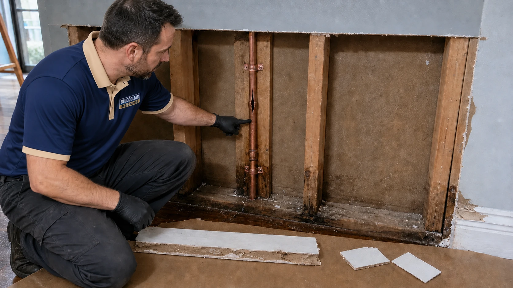 Blue Collar technician pointing to a visible freeze-split rupture in a copper supply line.