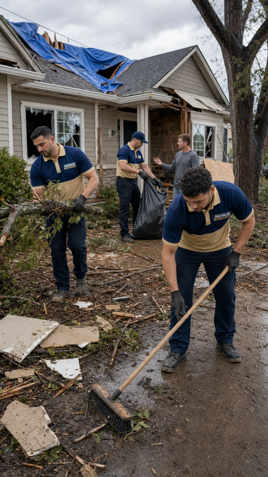 Blue Collar crew clearing storm debris from a damaged neighborhood home.