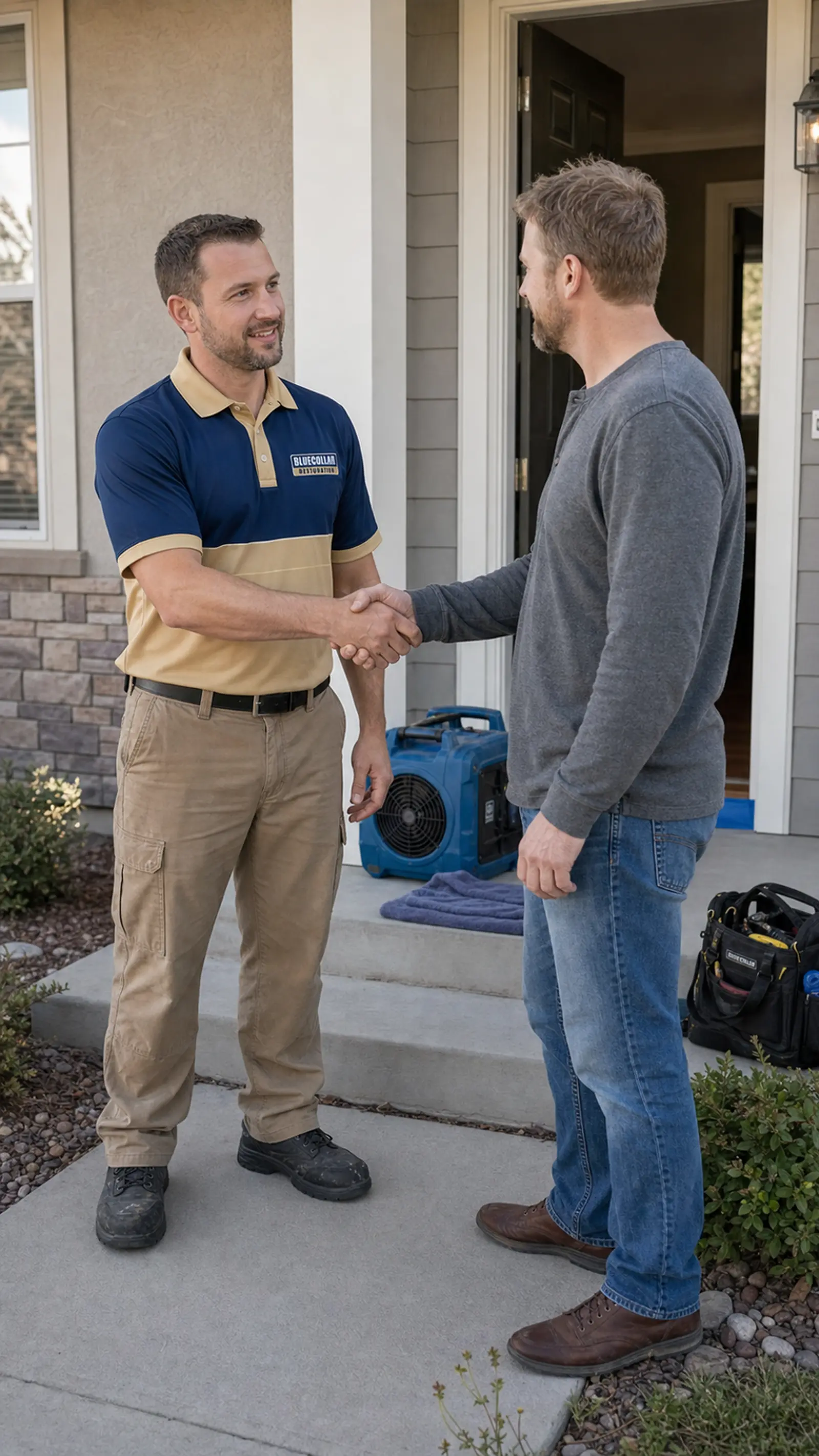 Blue Collar technician shaking hands with a homeowner outside the house.