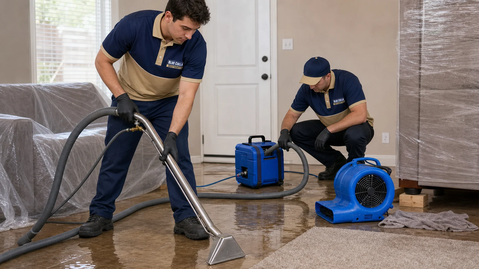 Blue Collar technician removing shallow standing water from a soaked floor.