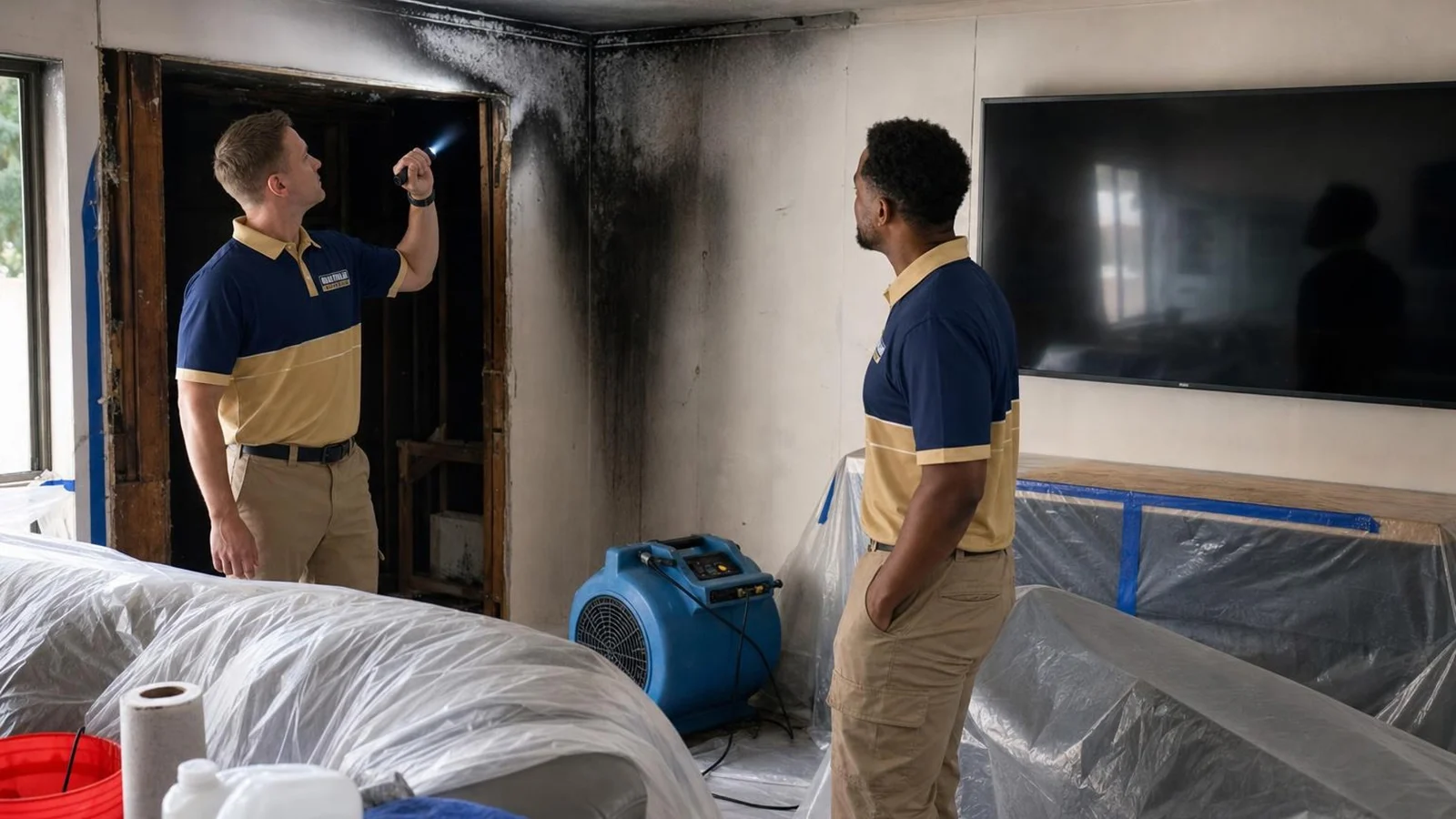 Blue Collar technician cleaning light soot from an interior wall after fire damage.