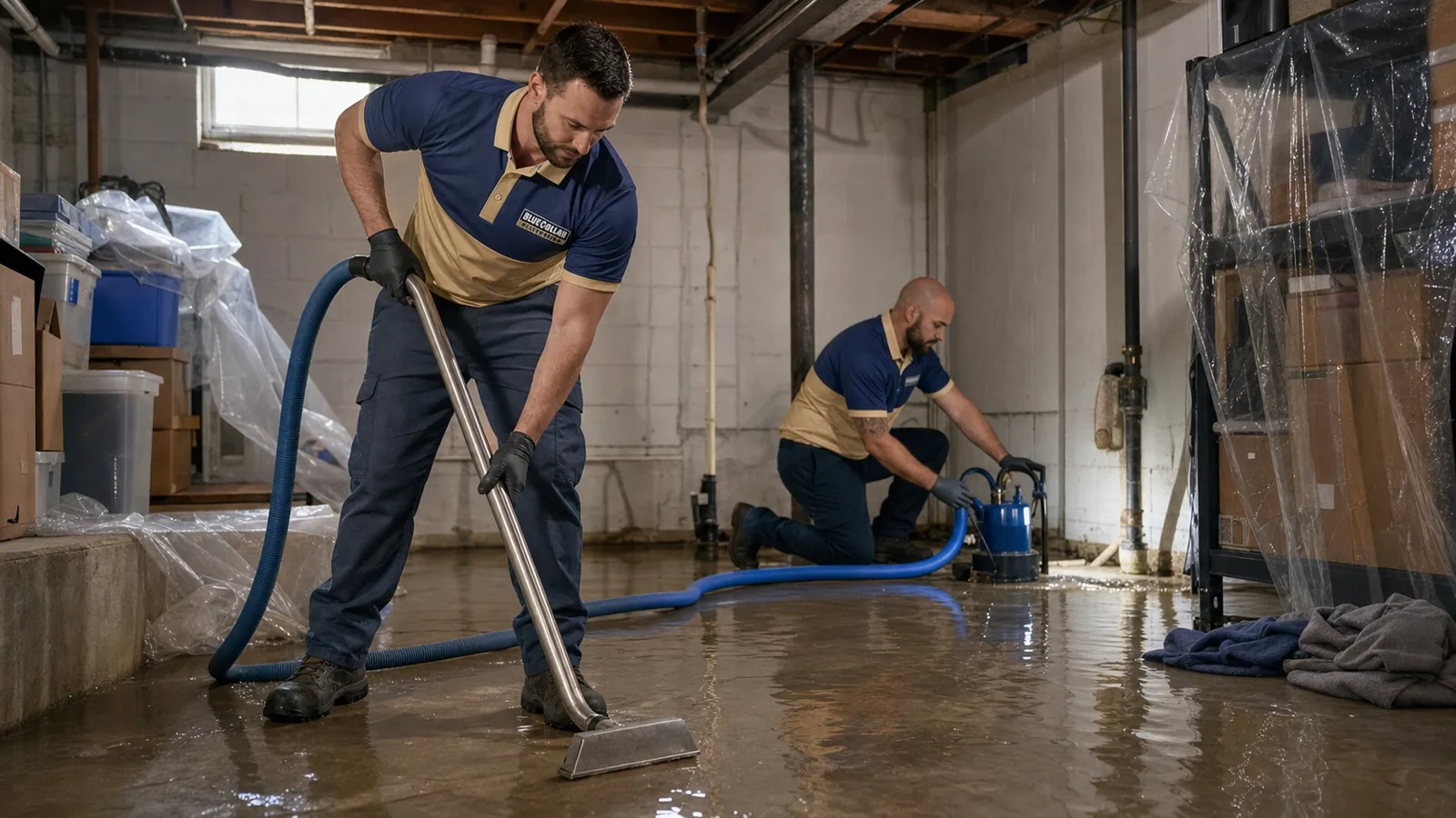 Blue Collar technician extracting shallow water from a flooded basement while a homeowner watches.