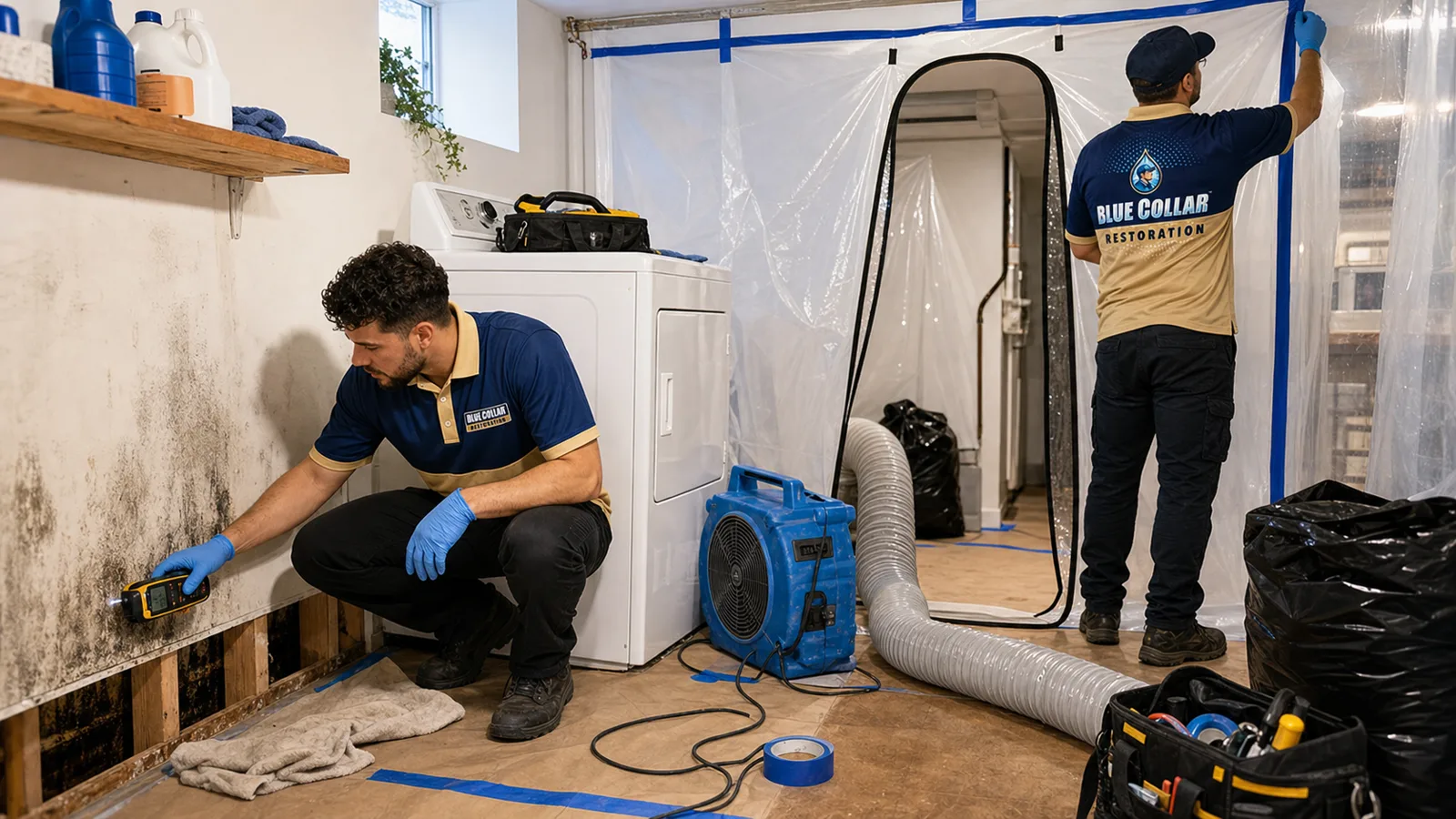 Blue Collar technician checking a small mold and moisture concern near drywall.