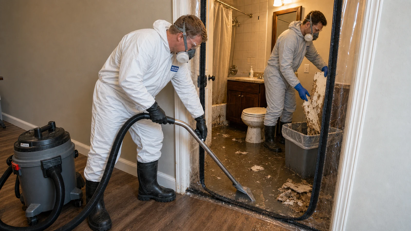 Restoration technician in protective PPE sanitizing a contained sewage backup cleanup area.