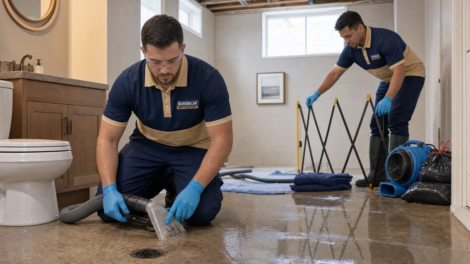 Restoration technician in protective PPE sanitizing a contained sewage backup cleanup area.