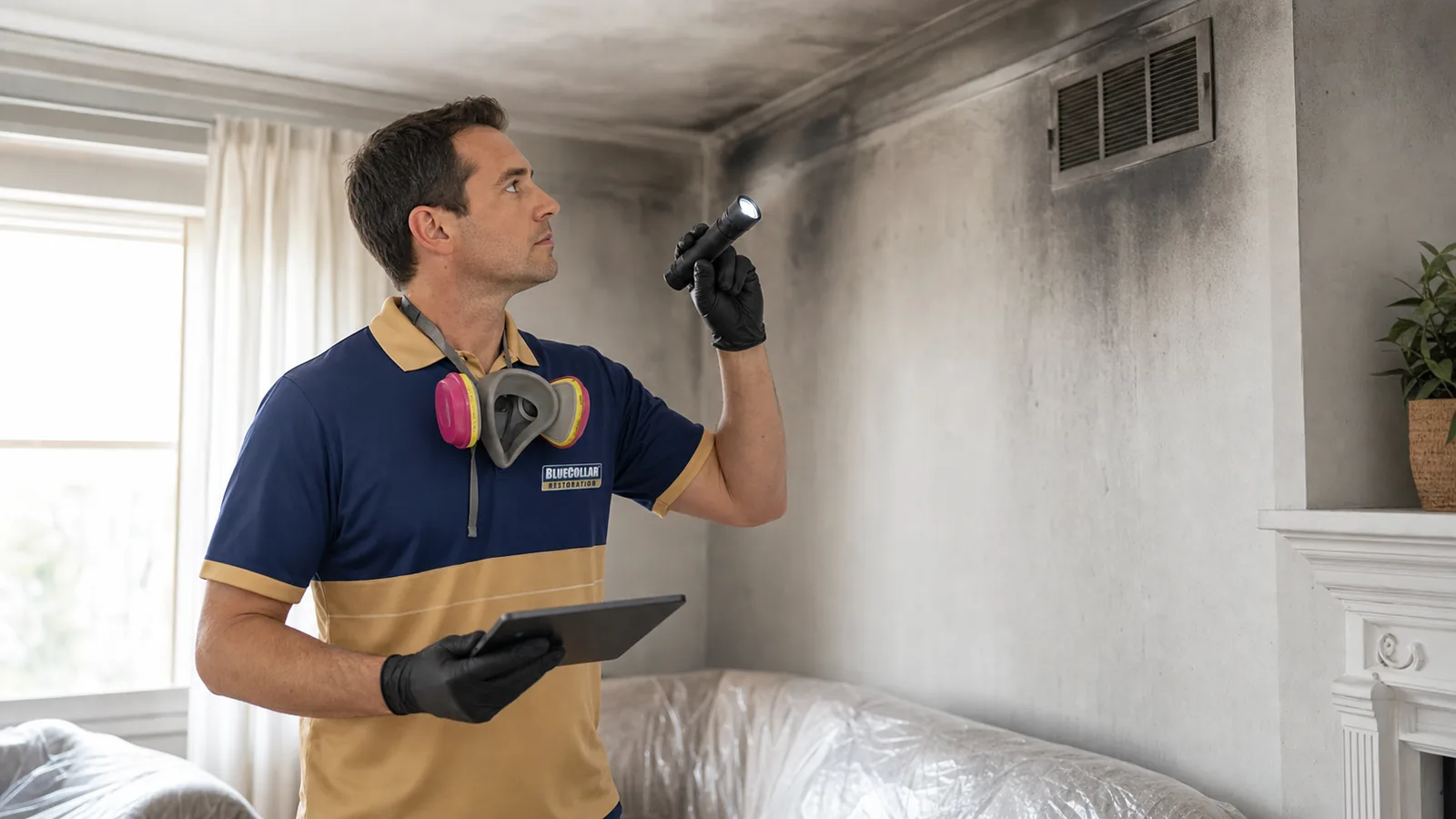 Blue Collar technician wiping light soot from an interior wall after smoke damage.