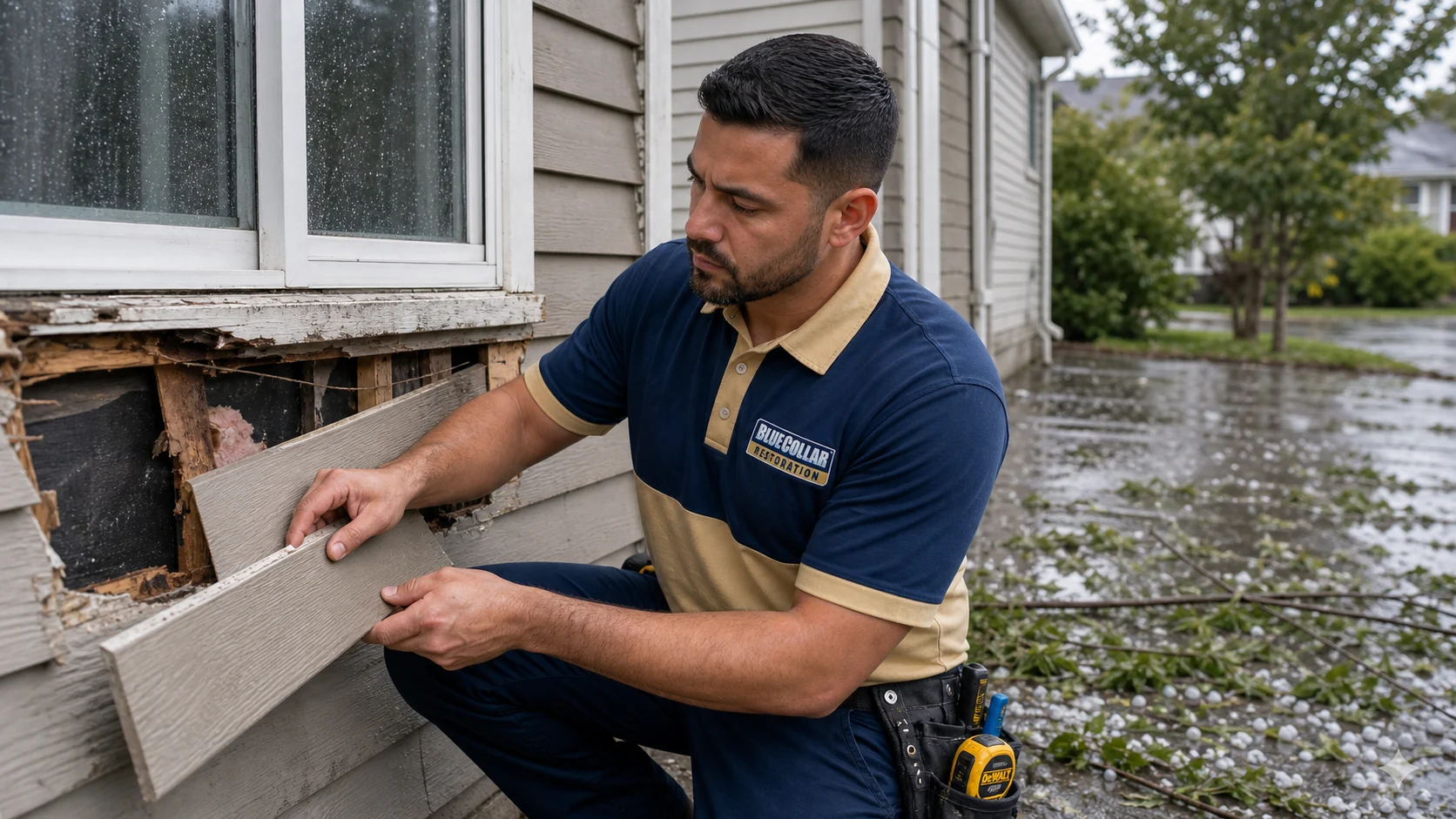 Blue Collar technician checking storm-related water staining near a window.