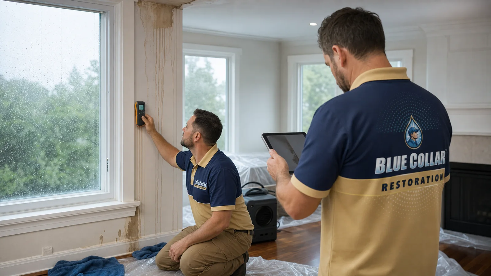 Blue Collar technician checking rainwater intrusion near a wet window and baseboard.