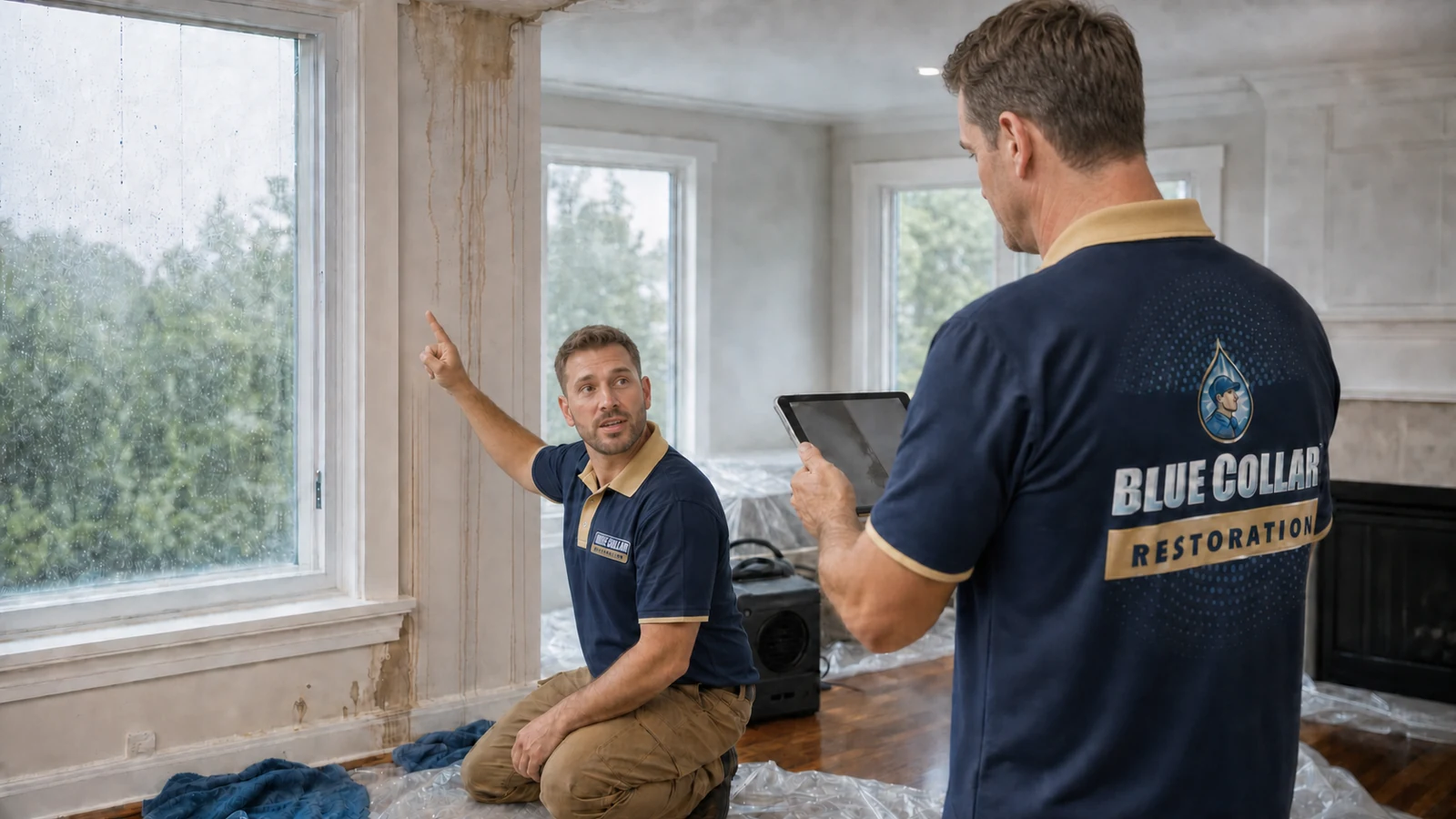 Blue Collar technician checking rainwater intrusion near a wet window and baseboard.