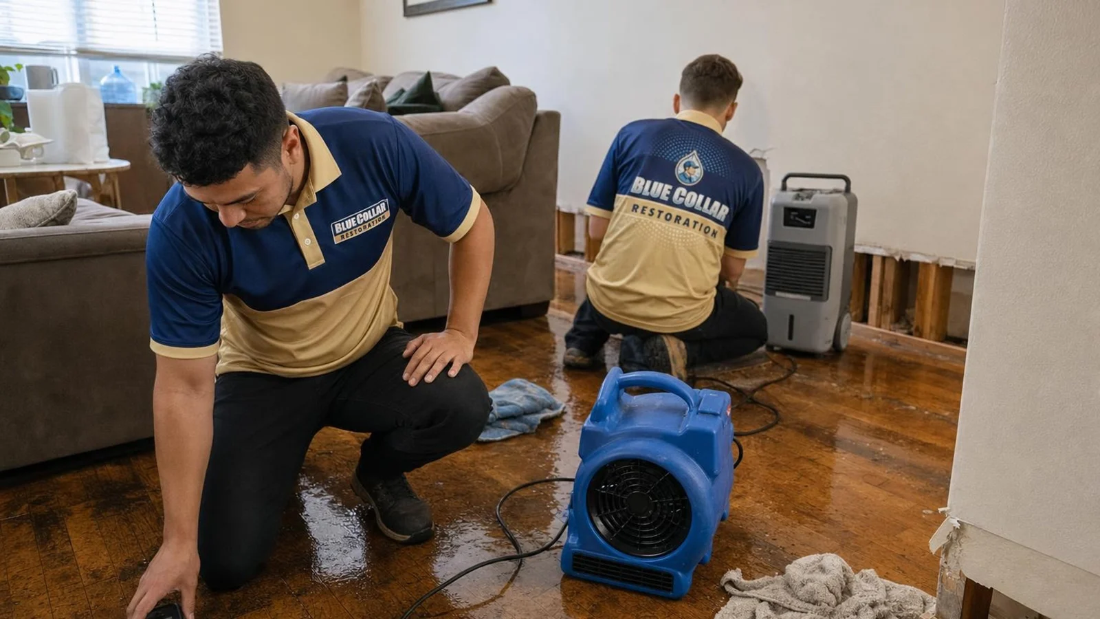 Blue Collar technician extracting water from wet flooring with drying equipment nearby.