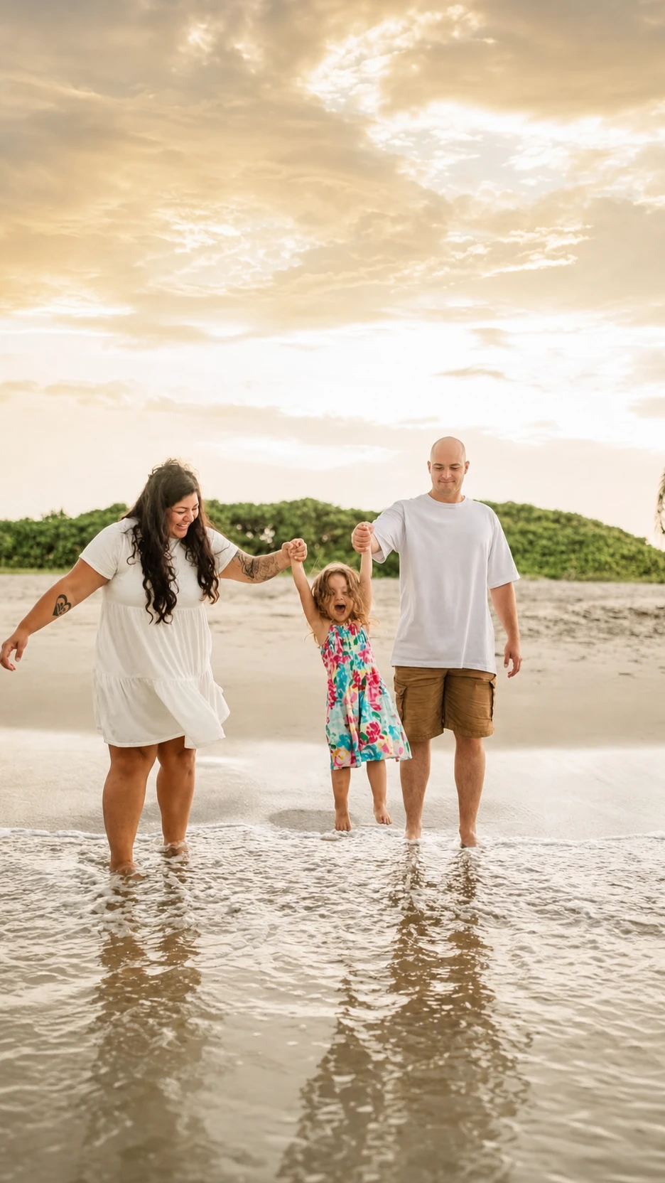 Zachary Griswold walking in the ocean with his family on a beach.