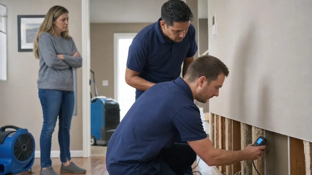 Restoration technicians checking hidden moisture during the water damage restoration process.