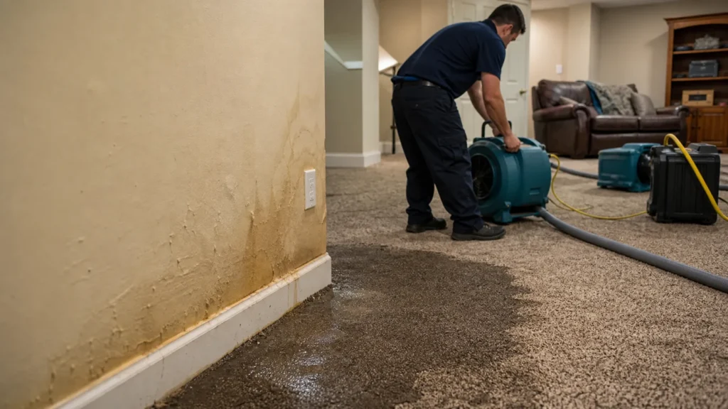 Restoration technician setting drying equipment after water damage spread into carpet and walls.