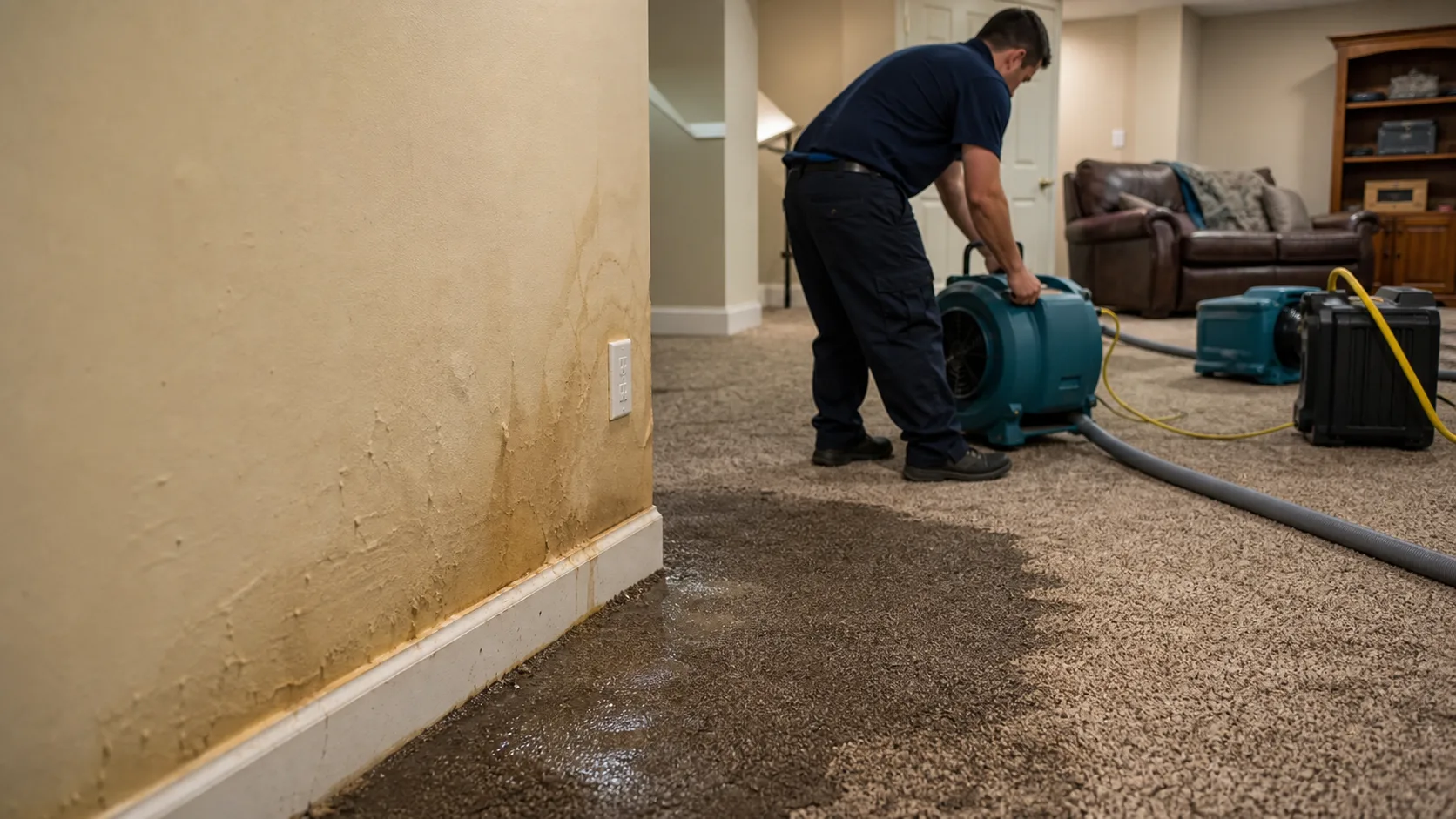Restoration technician setting drying equipment after water damage spread into carpet and walls.