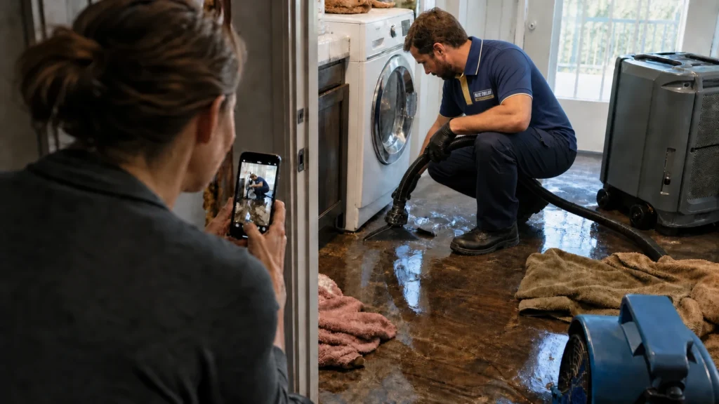 Restoration technician extracting water while a homeowner documents damage for insurance.