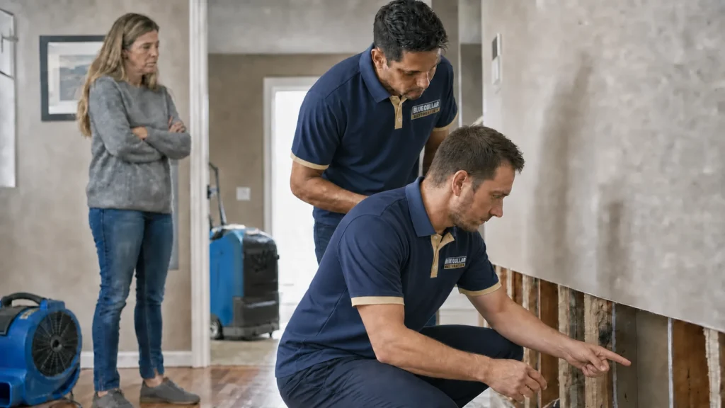 Restoration technicians checking hidden moisture during the water damage restoration process.