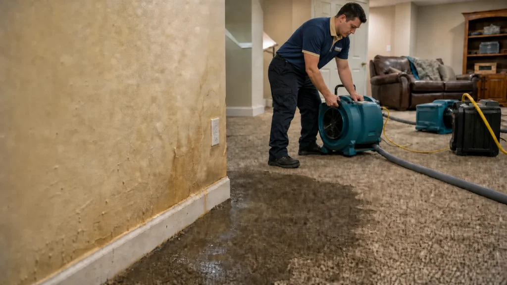 Restoration technician setting drying equipment after water damage spread into carpet and walls.