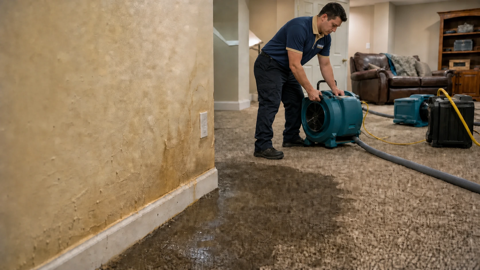 Restoration technician setting drying equipment after water damage spread into carpet and walls.